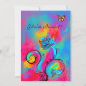 whimsicalな花と蝶 ピンク 青 黄色 招待状 (正面)