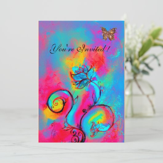 whimsicalな花と蝶 ピンク 青 黄色 招待状 (スタンド正面)