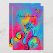 whimsicalな花と蝶 ピンク 青 黄色 招待状 (正面/裏面)