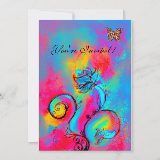 whimsicalな花と蝶 ピンク 青 黄 招待状 (正面)