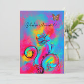 whimsicalな花と蝶 ピンク 青 黄 招待状 (スタンド正面)