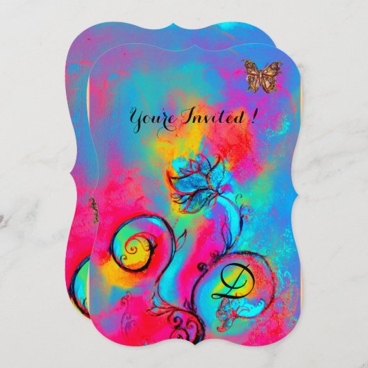 whimsicalな花と蝶 ブルー ピンク イエロー 招待状 (正面/裏面)