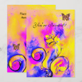 whimsicalな花と蝶　紫 黄 ピンク 招待状 (正面/裏面)