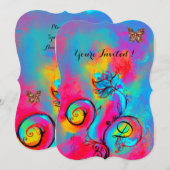  whimsicalな花と蝶 - 青、ピンク、黄色 招待状 (正面/裏面)