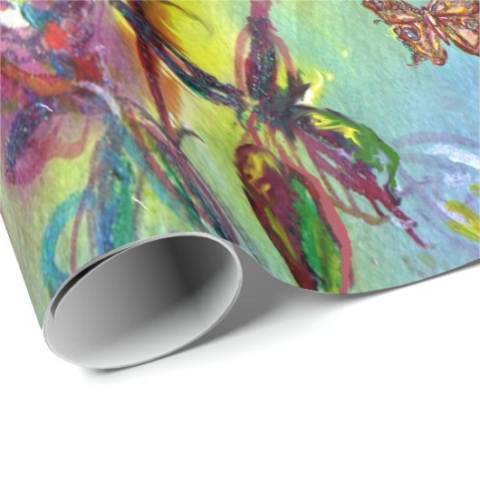 whimsicalな花 , カラフルな蝶たち 自然の中で ラッピングペーパー (ロールコーナー)