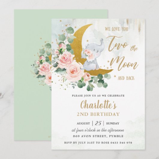  whimsicalな象の月への旅 2歳の誕生日 招待状 (正面/裏面)