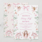  whimsicalピンクの蝶結びの妖精のファーストバースデー バースデー 招待状 (正面/裏面)