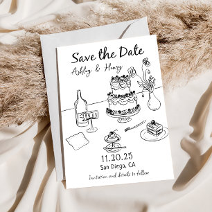 whimsical でファンキーな手描きの結婚式 Save The Date 招待状