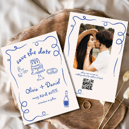 whimsical でファンキーな手描きの青い結婚式の写真 セーブザデート