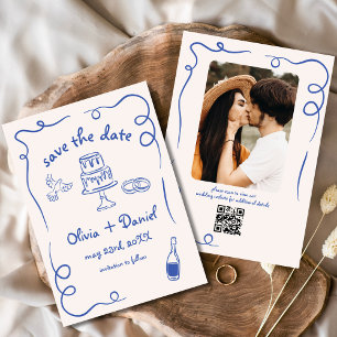 whimsical でファンキーな手描きの青い結婚式の写真 セーブザデート