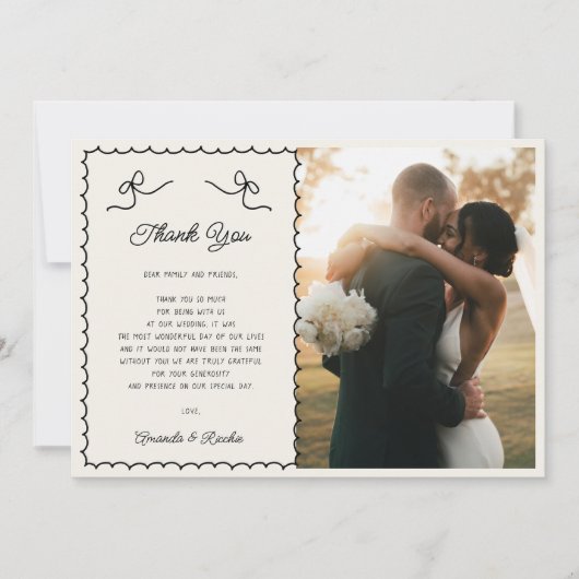  whimsical で楽しい手描きのフランス風 2 枚の写真の結婚式 サンキューカード (正面)