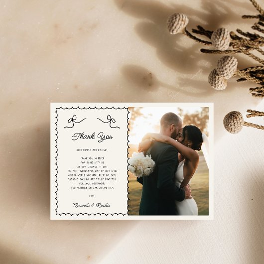  whimsical で楽しい手描きのフランス風 2 枚の写真の結婚式 サンキューカード