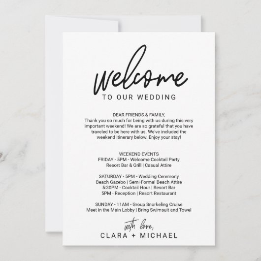 whimsical なカリグラフィーウェルカムレター&マップ 招待状 (正面)