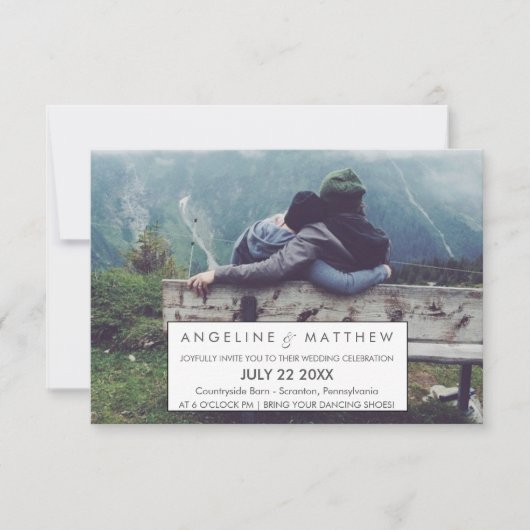  whimsical なカリグラフィー | 色褪せた写真 結婚式の 招待状 (正面)