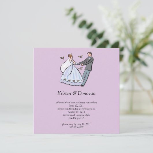  whimsical な漫画の花嫁と花婿の結婚後のお祝い 招待状 (スタンド正面)