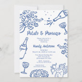  whimsical な青い花のペタル プロセッコ ブライダルシャワー 招待状 (正面)
