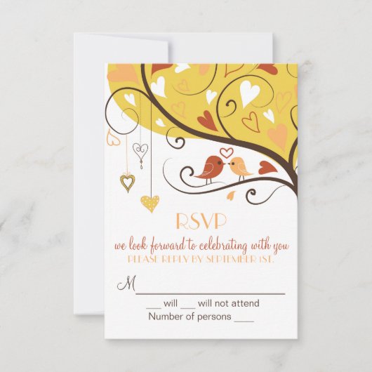 whimsical オータム ラブバード RSVP カード 招待状 (正面)