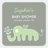  whimsical キュートなアニメ風グリーンエレファントベイビーシャワー スクエアシール (正面)
