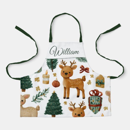 whimsical クリスマス 鹿の子供用エプロン | オーダーメイド名入れ エプロン (正面)