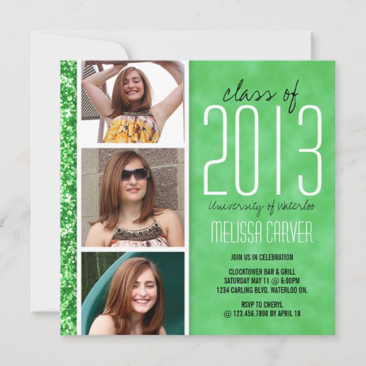  whimsical グリッター 卒業発表 - 緑 招待状 (正面)