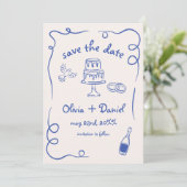 whimsical ネイビーブルーの手描き結婚式写真 セーブザデート (スタンド正面)