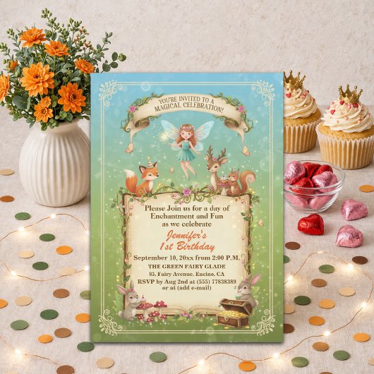 whimsical フォレストフェアリー 1歳の誕生日パーティー 招待状