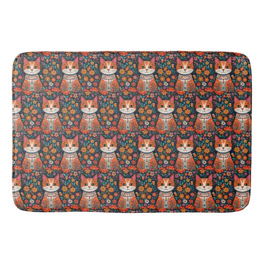  whimsical フォークアートの猫と花 バスマット (正面)