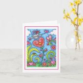  whimsical フォークアートの鳥、ピンクのハートの庭園  ブランク カード (黄色い花)