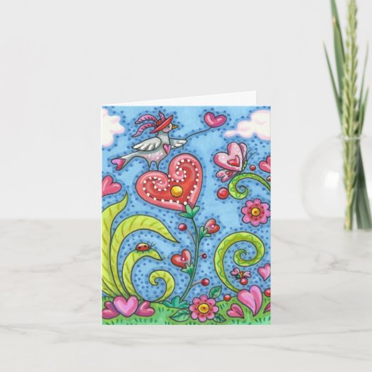  whimsical フォークアートの鳥、ピンクのハートの庭園（裏面無地） カード (正面)