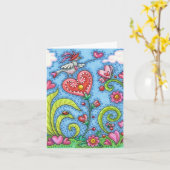  whimsical フォークアートの鳥、ピンクのハートの庭園（裏面無地） カード (黄色い花)