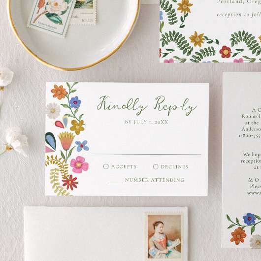  whimsical フォークアート フラワーの結婚式 出欠カード