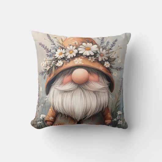  whimsical フラワー ゴnome: 愛らしい水彩画アート クッション (正面)