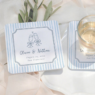  whimsical フレーム レトロ ブルー ストライプ ウェディング スクエアペーパーコースター