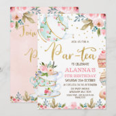 whimsical フローラル パーティー ティーパーティー 誕生日 招待状 (正面/裏面)