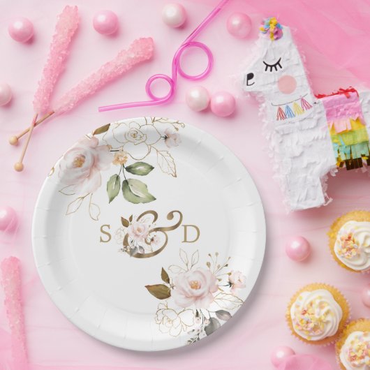  whimsical ブッシュゴールドの花のモノグラムウェディング ペーパープレート (パーティー)