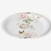  whimsical ブッシュゴールドの花のモノグラムウェディング ペーパープレート (アングル)