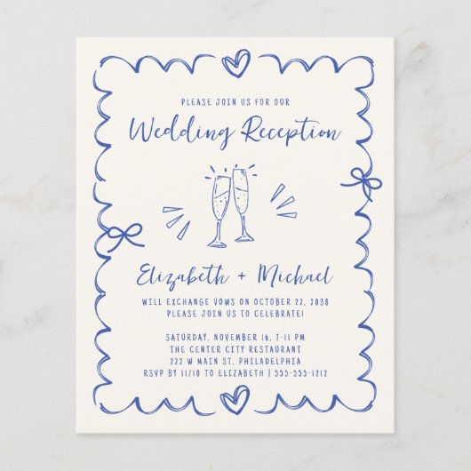  whimsical ブルー クリーム ウェディング レセプション 招待状 (正面)