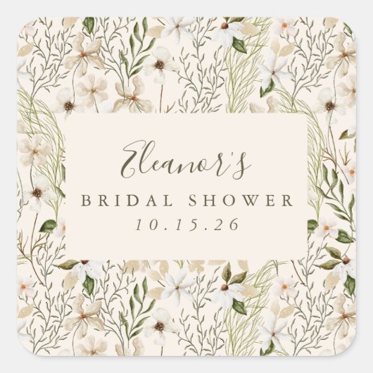  whimsical ボーホー グリーンフォリアージュ ブライダルシャワー スクエアシール (正面)