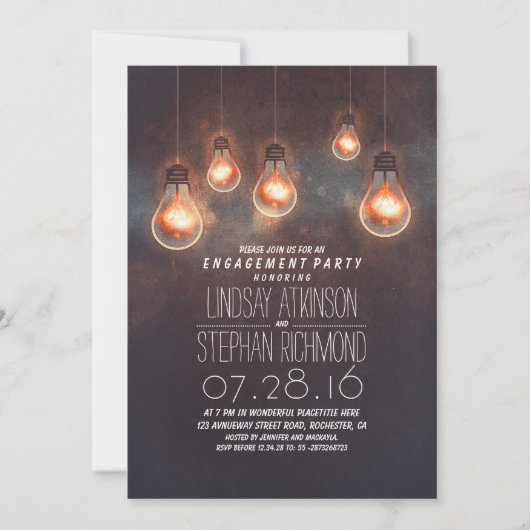  whimsical ライトバルブ ロマンチック エンゲージメント パーティー 招待状 (正面)
