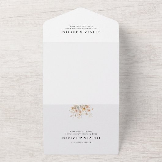 whimsical ラスティック メドウ ワイルドフラワー QR コード ウェディング オールインワン招待状 (外側)