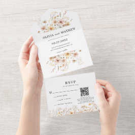 whimsical ラスティック メドウ ワイルドフラワー QR コード ウェディング オールインワン招待状