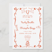  whimsical レトロ 手描き サンセット オレンジ ウェディング 招待状 (正面)