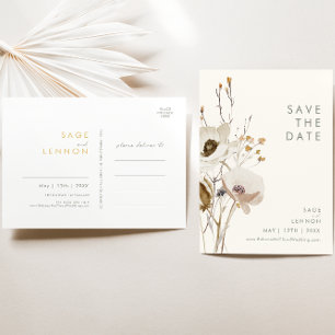  whimsical ワイルドフラワー アイボリー Save The Date ポストカード