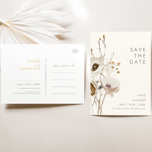  whimsical ワイルドフラワー アイボリー Save The Date ポストカード