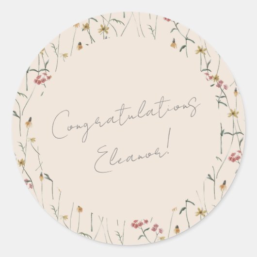  whimsical ワイルドフラワー フローラル ボヘミア  congratulations ラウンドシール (正面)