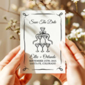  whimsical 手描きのシャンパンタワー Save The Date 招待状