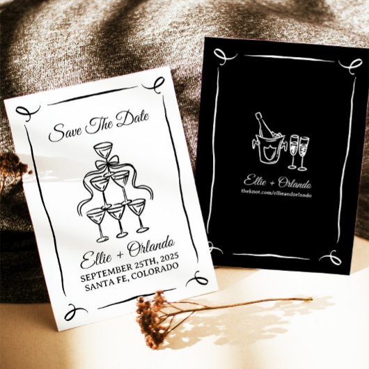  whimsical 手描きのシャンパンタワー Save The Date 招待状