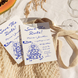  whimsical 手描きのシャンパンタワー Save The Date 招待状