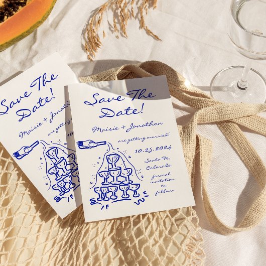  whimsical 手描きのシャンパンタワー Save The Date 招待状
