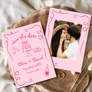  whimsical 手描きのショッキングピンクの結婚式の写真 セーブザデート